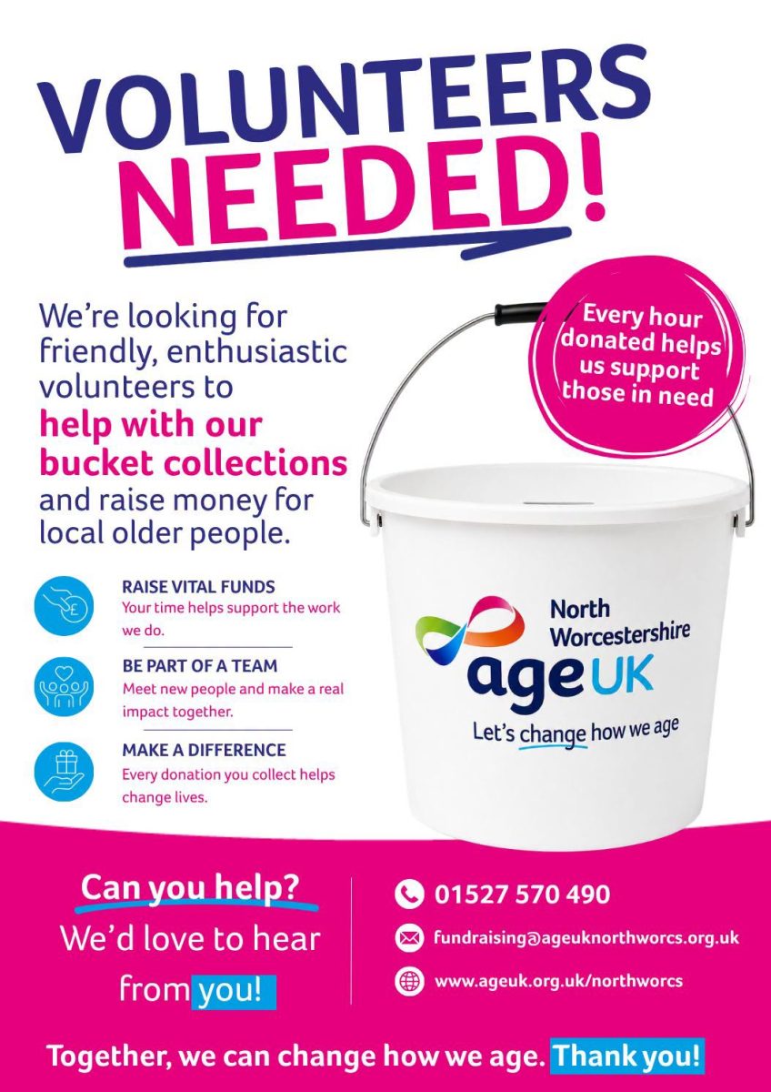 Social sharing card for Age UK calls for bucket collection volunteers in Redditch and Bromsgrove