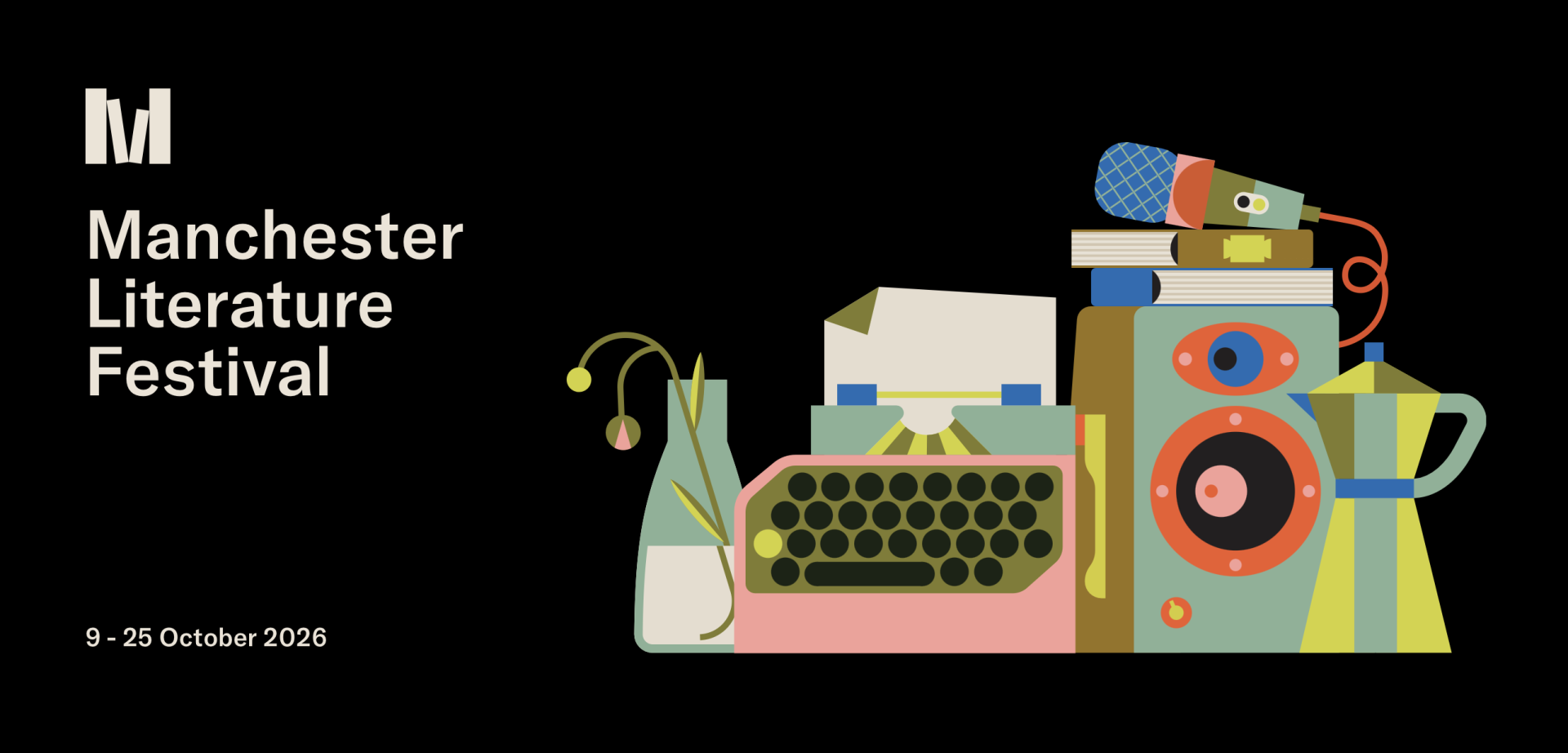 Social sharing card for Manchester Literature Festival returns with 17 days of books, poetry and big conversations